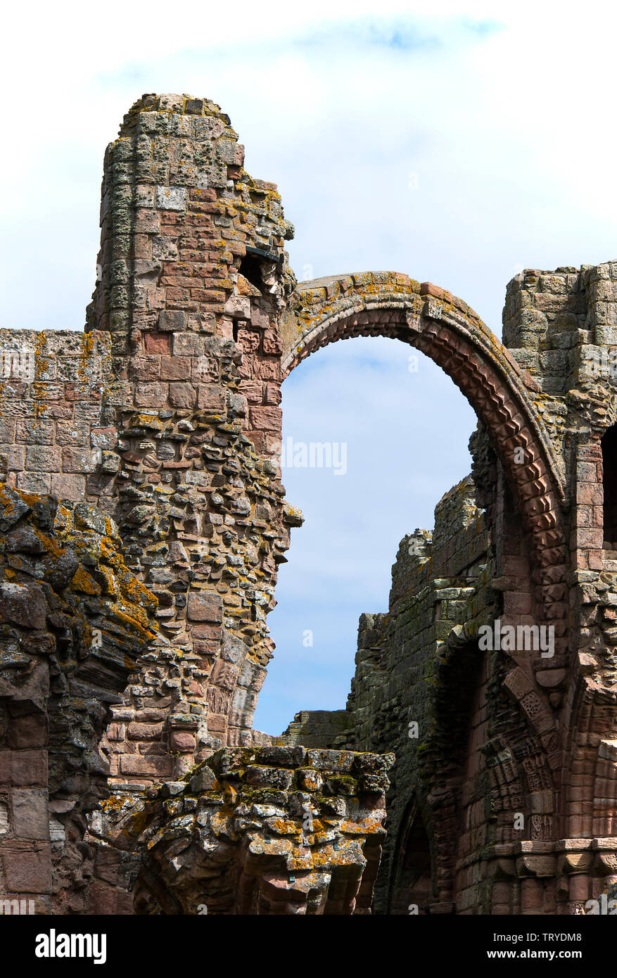 Teil des zerstörten angelsächsischen Lidisfarne Priory auf Holy Island Northumberland England Vereinigtes Königreich Großbritannien Stockfoto