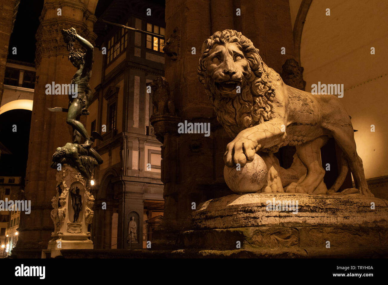 Eine der Medici Löwen an der Loggia dei Lanzi in der Piazza della Signoria in Florenz, Italien. Auf der linken Seite ist eine Statue des Perseus. Stockfoto