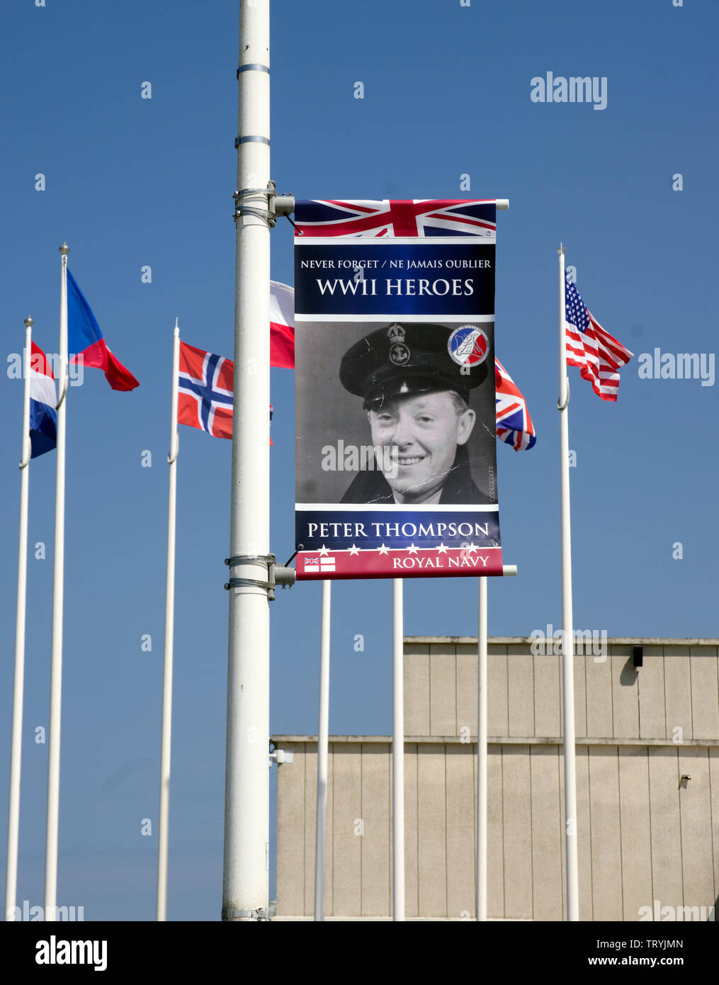 Hommage an Peter Thompson, Royal Navy an Aromanches Juni 2019 D-Day Jubiläum Stockfoto