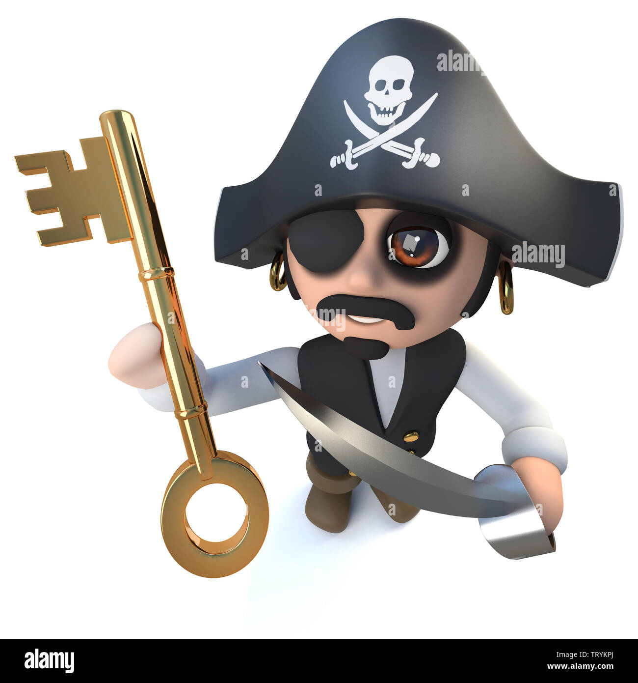 3D-Render eines lustigen Cartoon pirate captain Charakter mit einem goldenen Schlüssel Stockfoto