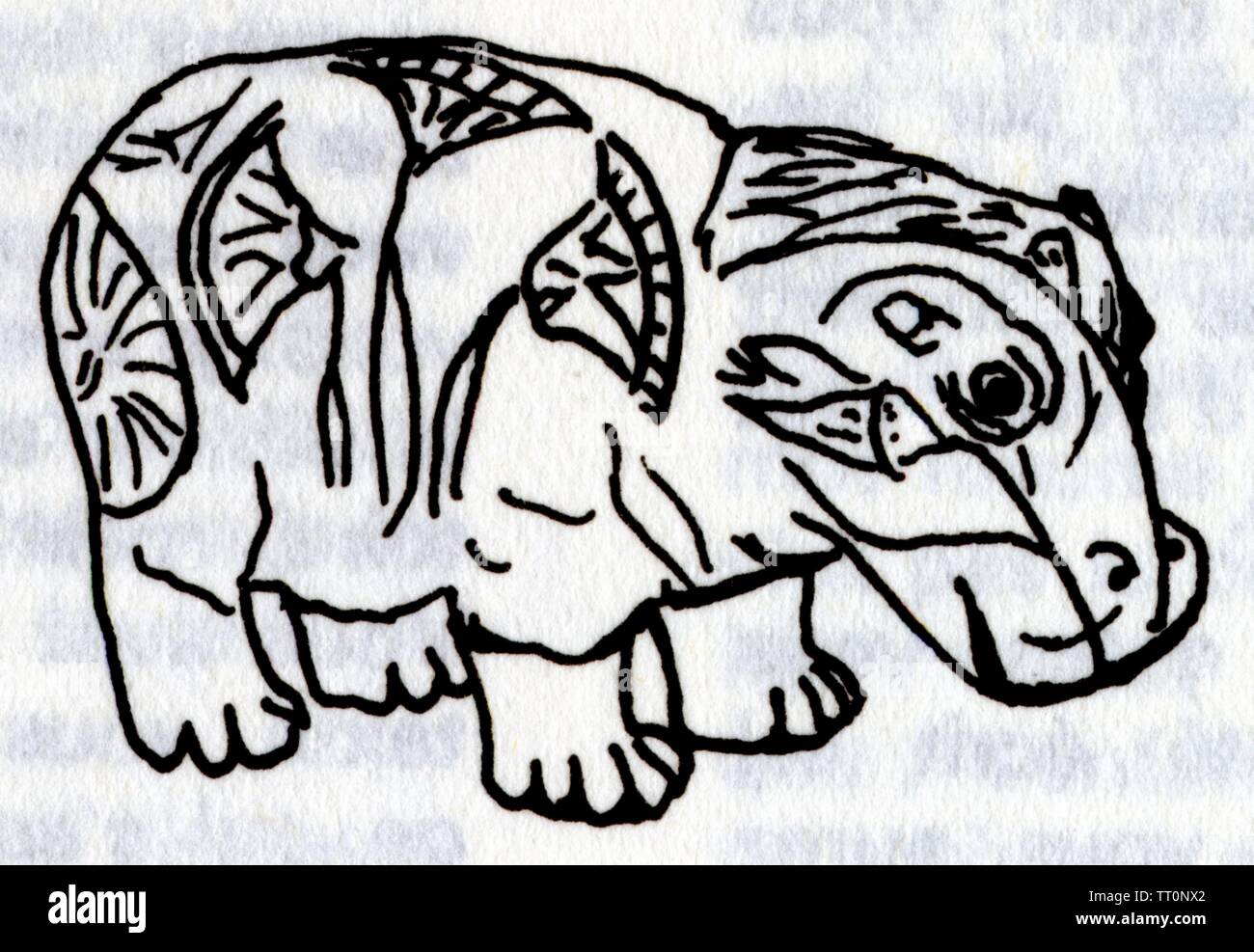 HIPPOPOTAME EN CÉRAMIQUE EMAILLEE. EGYPT.ENTRE 2000 ET 1800 AVANT J.C. DÉCORIE DE FLEURS DE LOTUS DONT IL SE NOURRIT Stockfoto