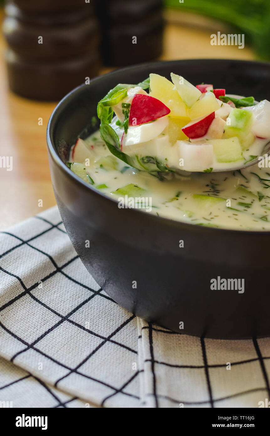 Traditionelle kalte Suppe Okroshka Stockfoto