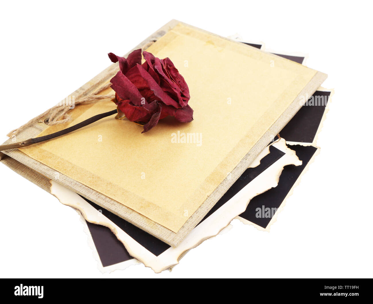 Leere alte Fotos im Album und getrockneten Blumen, isoliert auf weißem Stockfoto