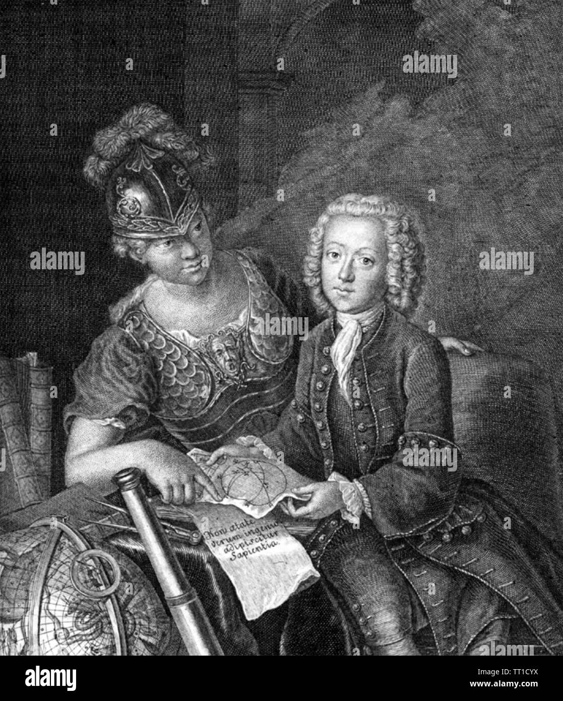 JEAN - PHILIPPE BARATIER (1721-1740) German Wunderkind und Gelehrter von Athene, die Göttin der Weisheit besucht Stockfoto