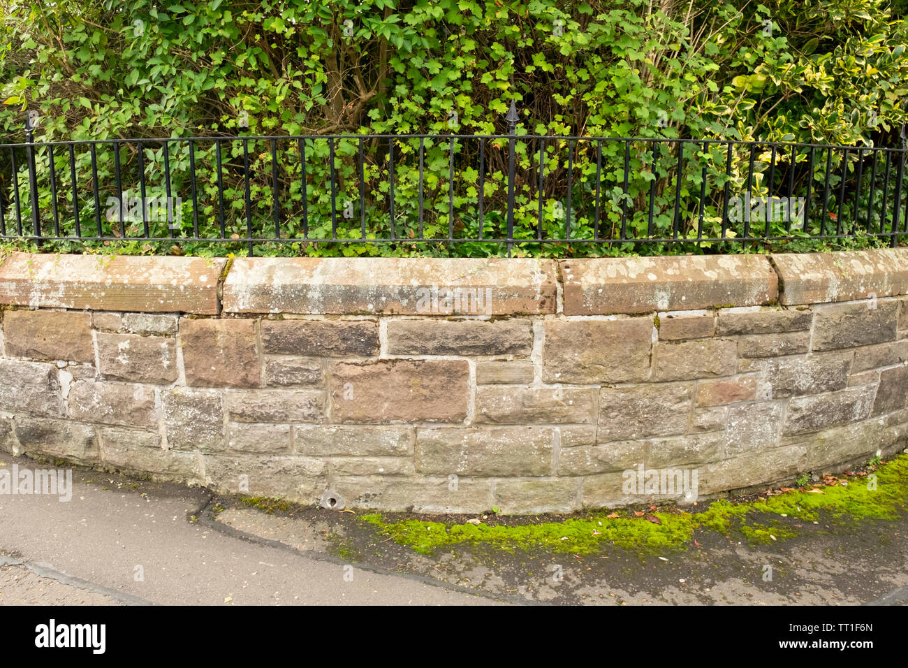 Niedrige Mauer aus Stein und Metall zaun Außenbereich Garten, in der viktorianischen Vorstadt Morningside, Edinburgh, Schottland, Großbritannien Stockfoto