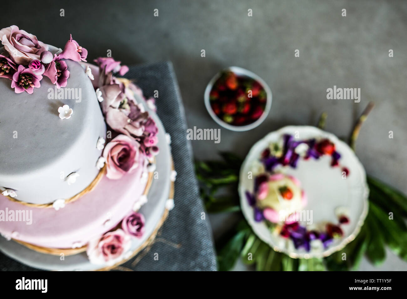 Hochzeit Kuchen flach Top View Stockfoto