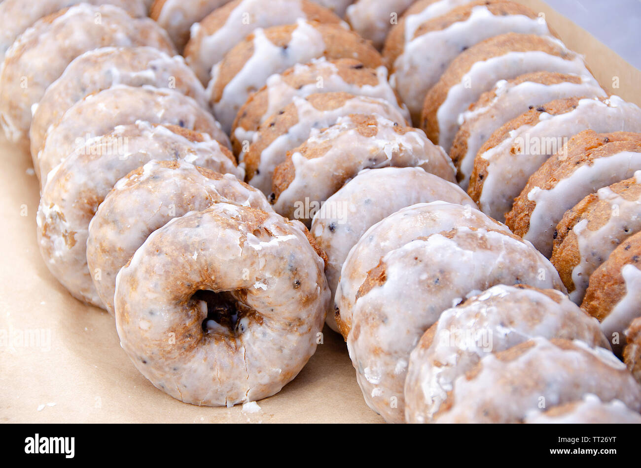 Reihen von blueberry Donuts auf der Bäckerei Fach Stockfoto