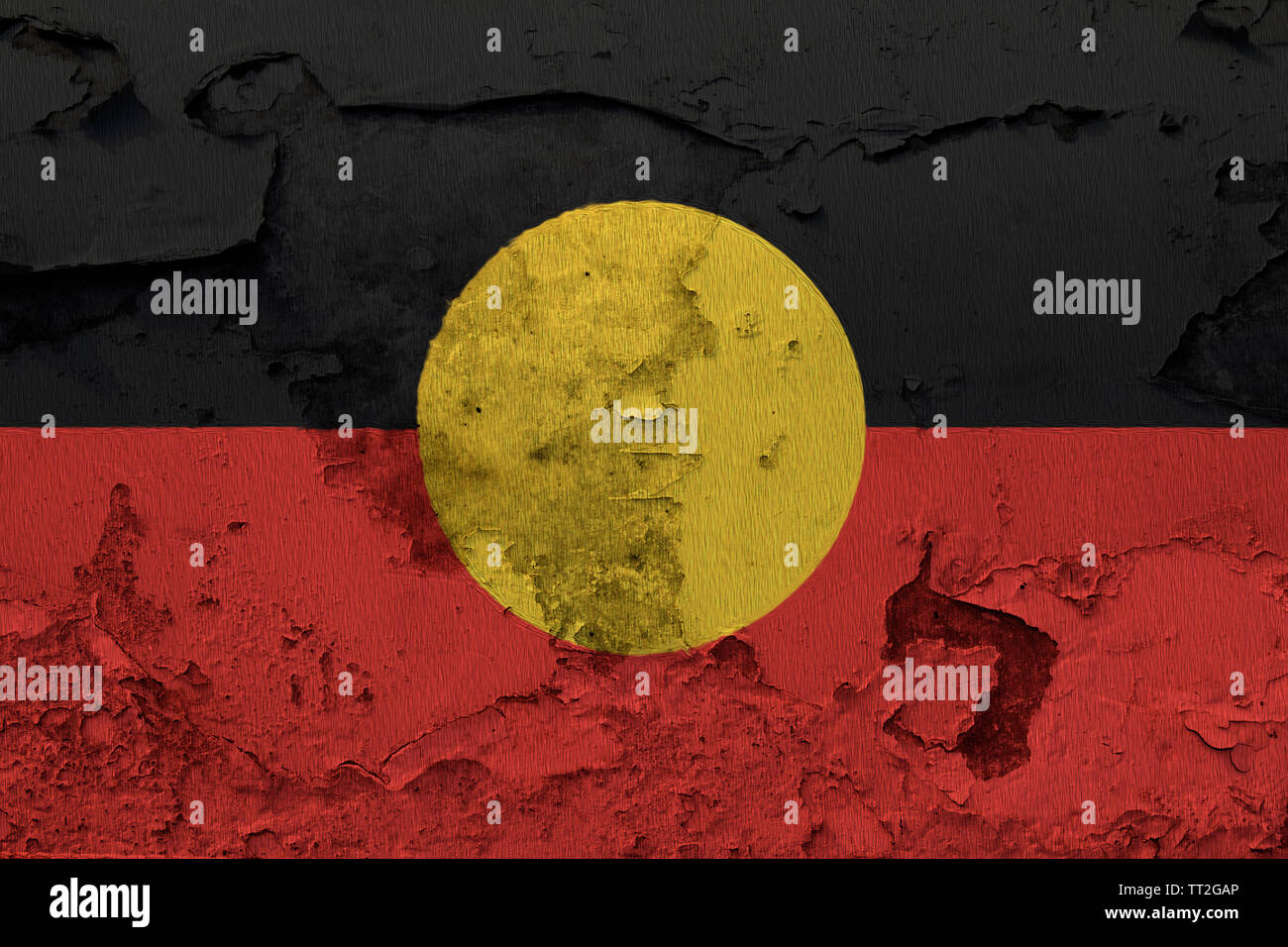 Australian Aboriginal Flagge auf dem gebrochenen grunge Beton Wand gemalt Stockfoto