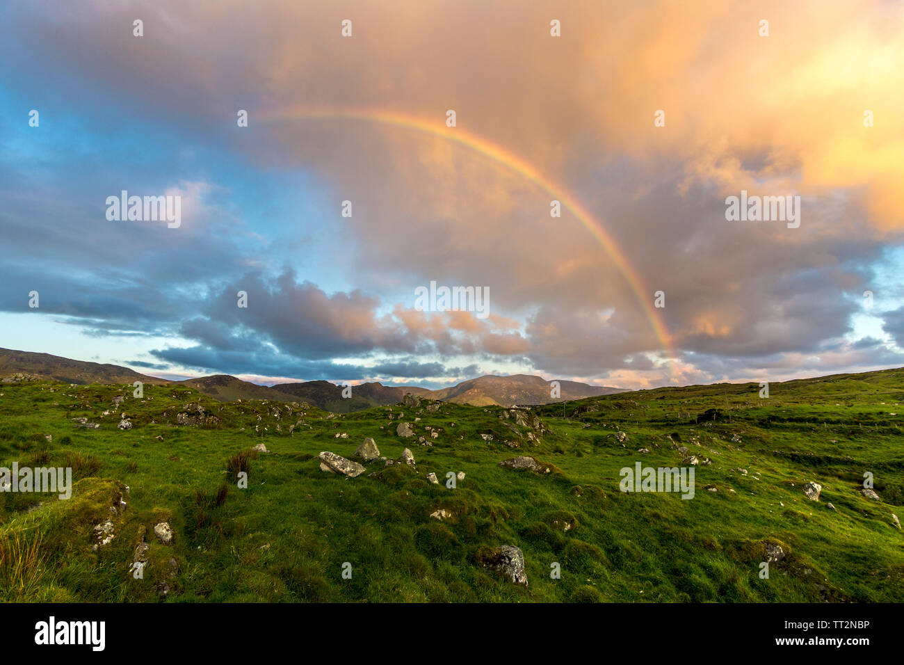 Ardara, County Donegal, Irland. 14. Juni 2019. Eine spektakuläre Regenbogen bei Sonnenaufgang in der schroffen Hügeln von Donegal. Credit: Richard Wayman/Alamy leben Nachrichten Stockfoto