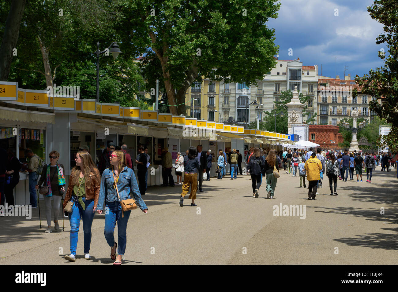 Madrid, Spanien. 11 Juni, 2019. Buchmesse in Madrid. Tausende von Menschen besuchen jedes Jahr diese Messe, die sich in den Retiro Park Stockfoto