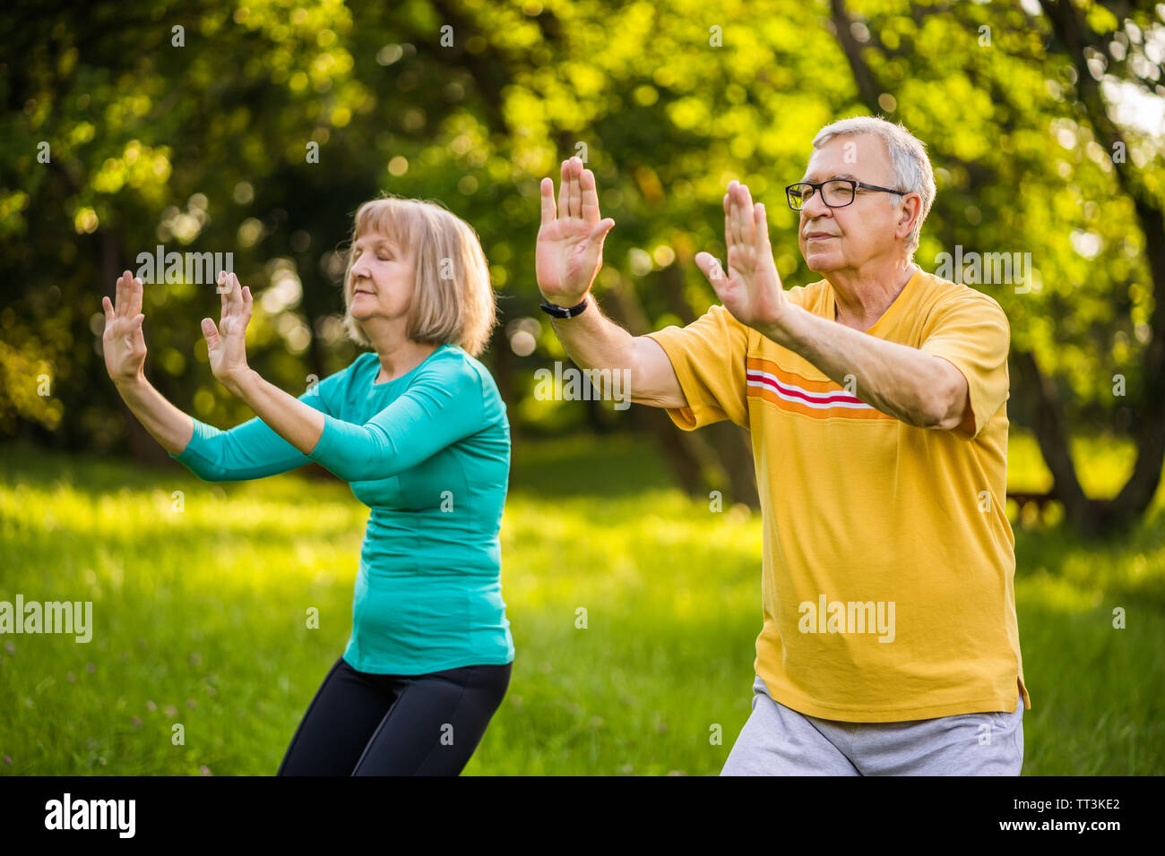 Senior Paar genießt die Tai Chi im Park. Stockfoto