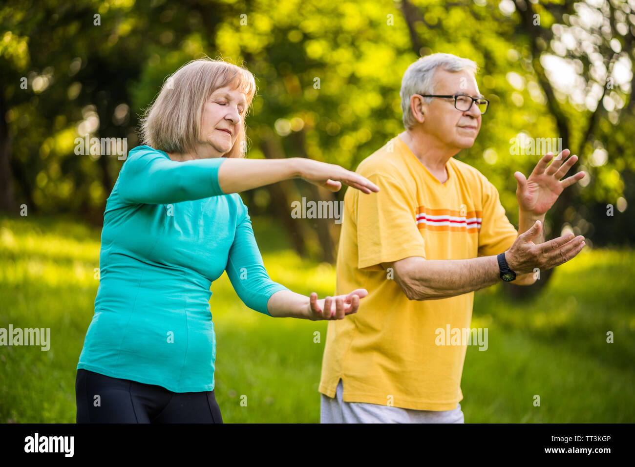 Senior Paar genießt die Tai Chi im Park. Stockfoto