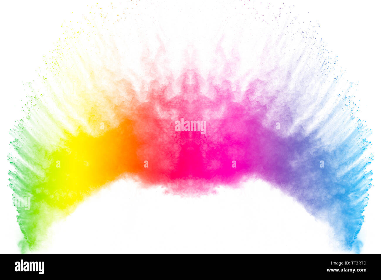 Bunte Pulver Explosion auf weißem Hintergrund. Farbige Staubpartikel splash. lackiert Holi. Stockfoto