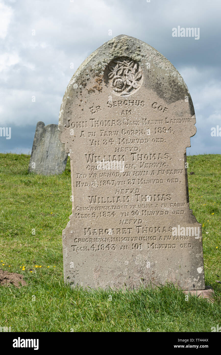 Grabsteine auf dem Friedhof der Kirche des Heiligen Kreuzes (Walisisch: Eglwys y Grog) an Mwnt Bay, Ceredigion, Wales Stockfoto
