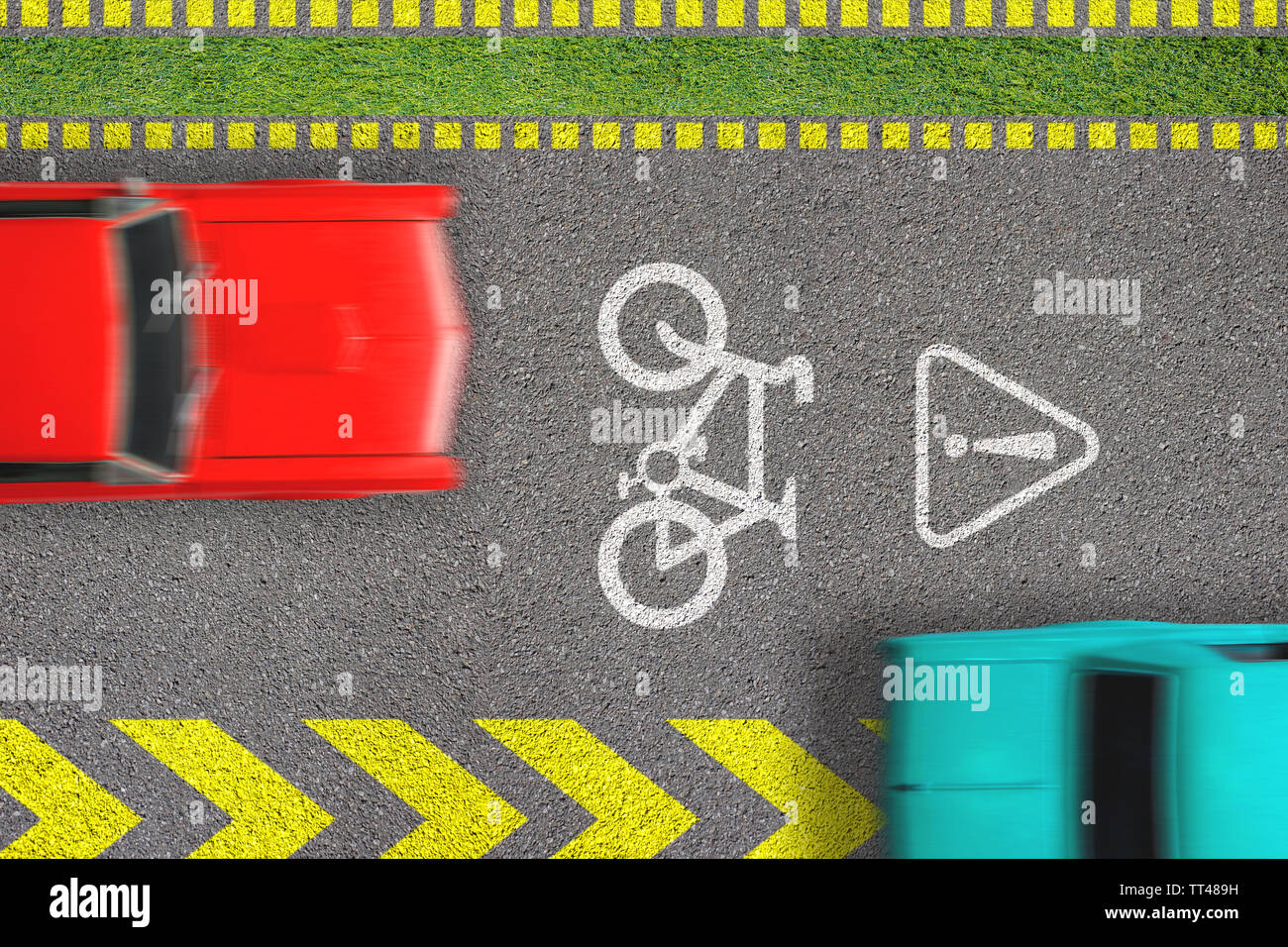 Verkehrsvorschriften. Das Fahren mit dem Fahrrad Lane. Konzept der Radtouren Sicherheit. Ansicht von oben auf der Straße mit Radweg Zeichen und Markierungen und verschwommen Autos auf es Stockfoto
