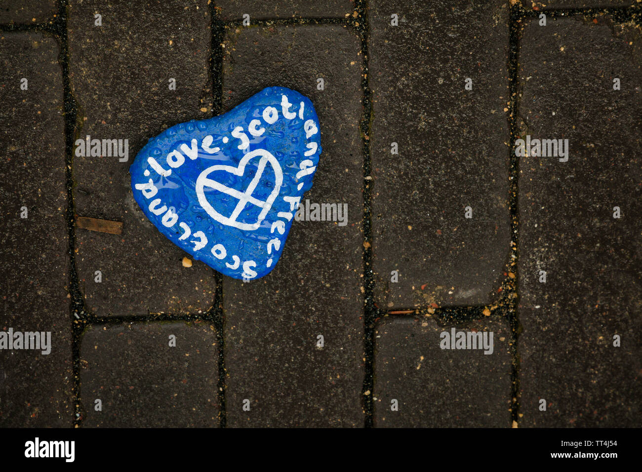 Handbemalt 'Liebe Schottland" Kiesel auf dem Weg zu Jupiter Artland, Edinburgh, Schottland. Stockfoto