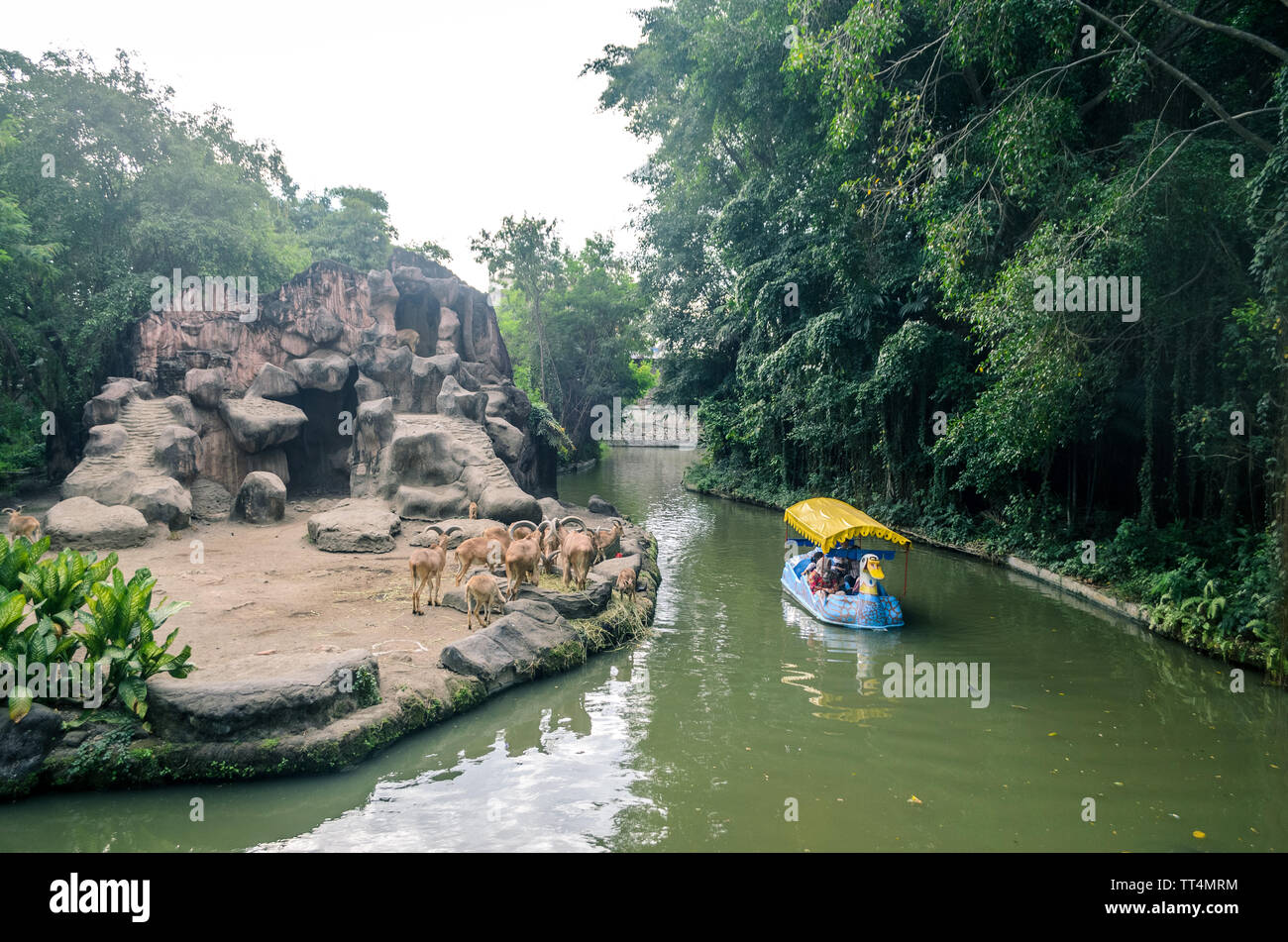 Die Ente Boot übergibt die Hirsche enclouser in Surabaya Zoo, Surabaya, Ost Java, Indonesien Stockfoto