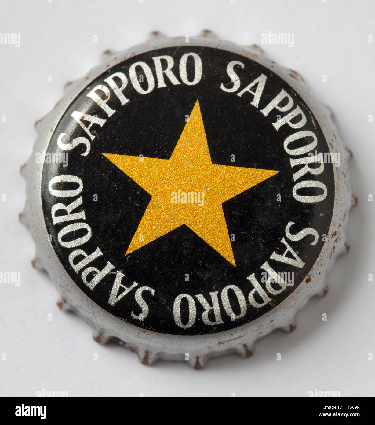 Verwendet japanische Sapporo Bier Flasche Top Stockfoto