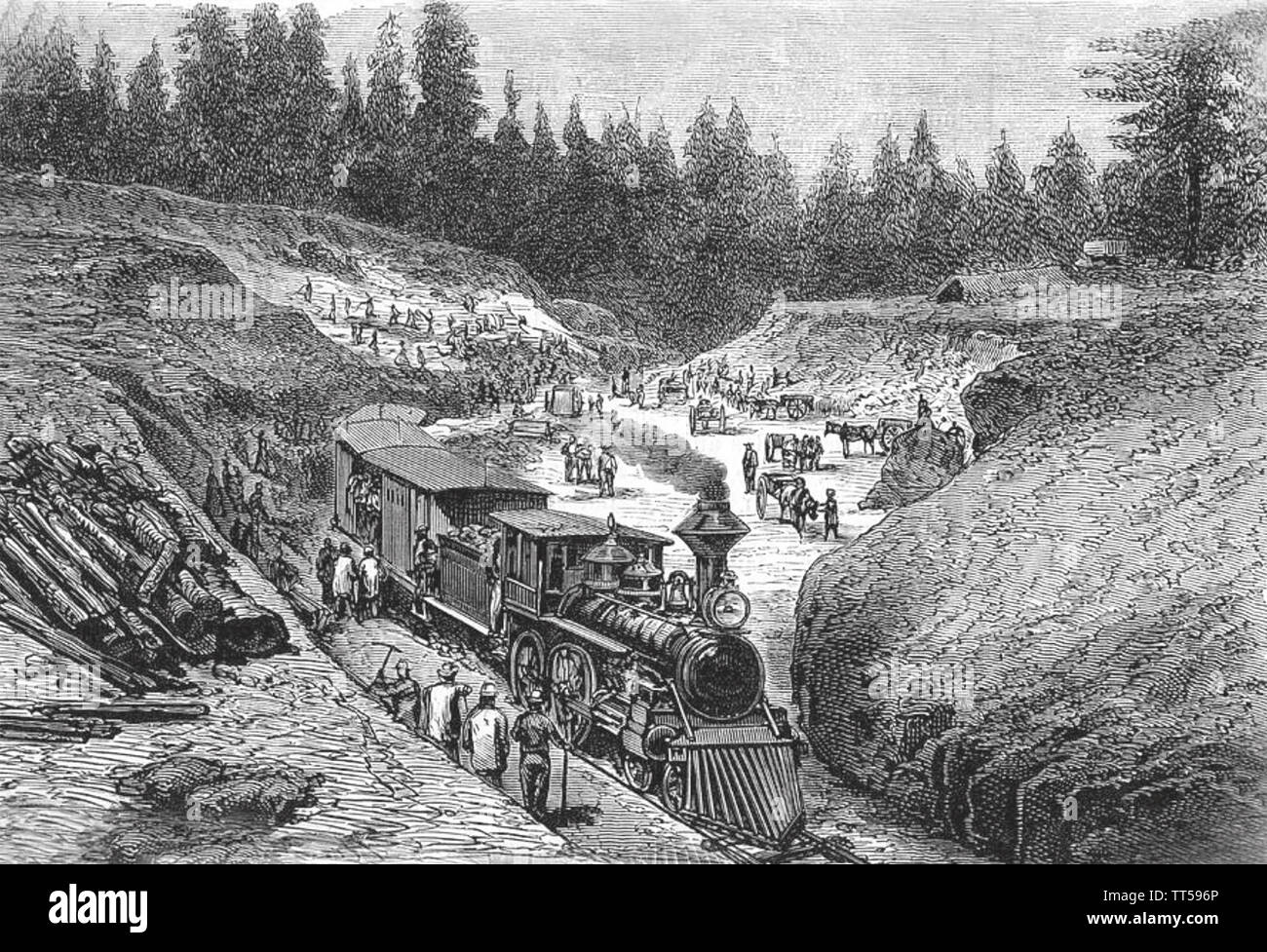 PACIFIC RAILROAD Die erste Durchlauf einer Dampfmaschine am 9. Dezember 1852 Während die Linie war immer noch im Bau Stockfoto