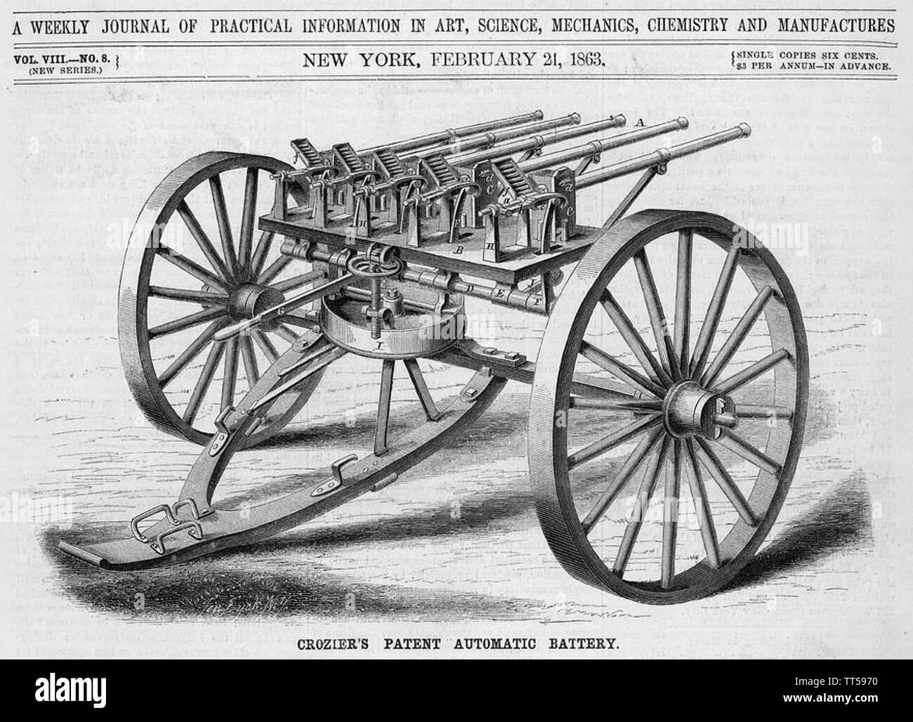 WILLIAM CROZIER (1855-1942) United States Army Ordnance Corps Officer. Sein Design für ein Maschinengewehr. Wie im Magazin Scientific American 1863 veröffentlicht. Stockfoto