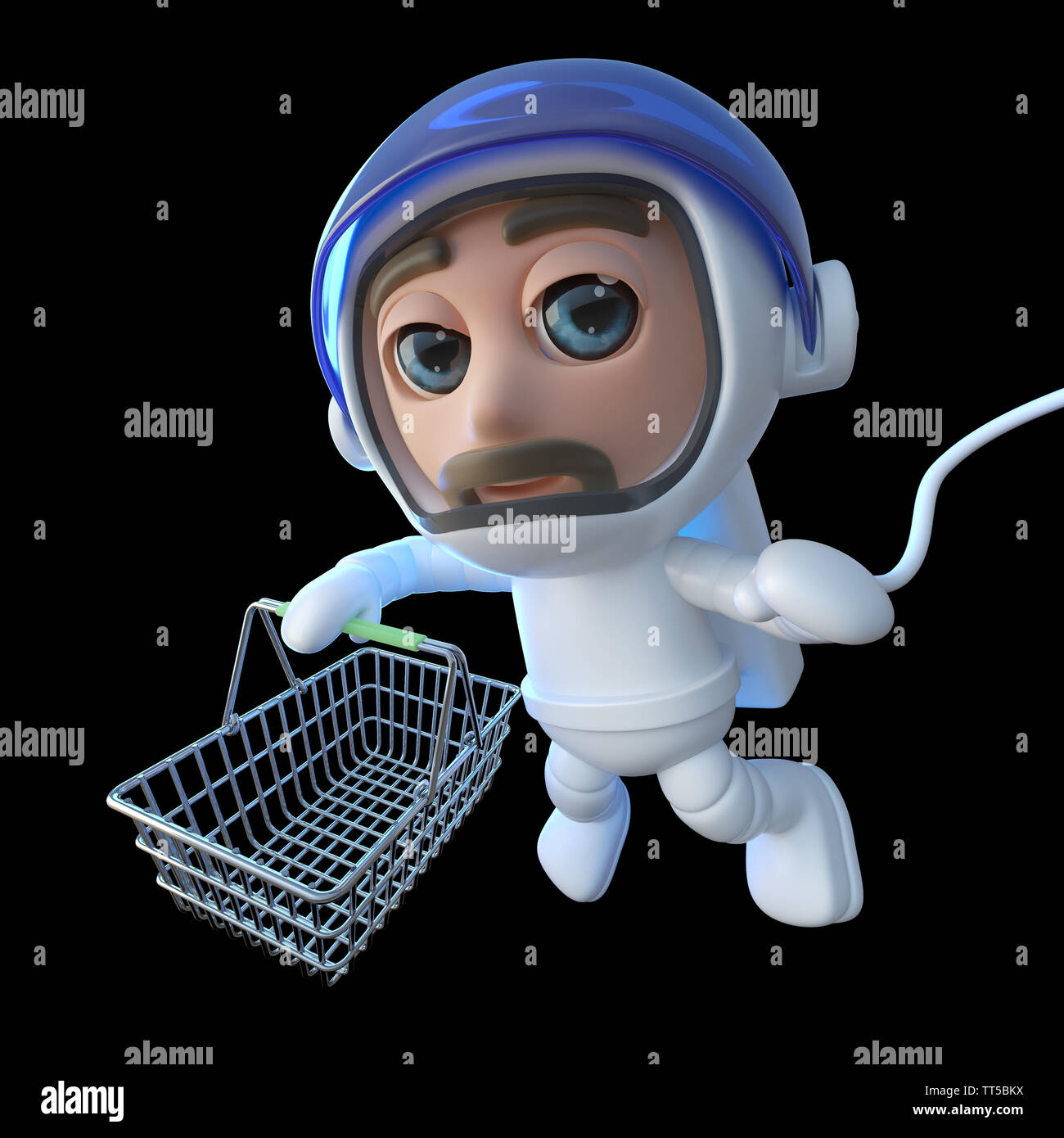 3D-Render eines lustigen Cartoon spaceman Astronaut Charakter Holding ein Warenkorb Stockfoto