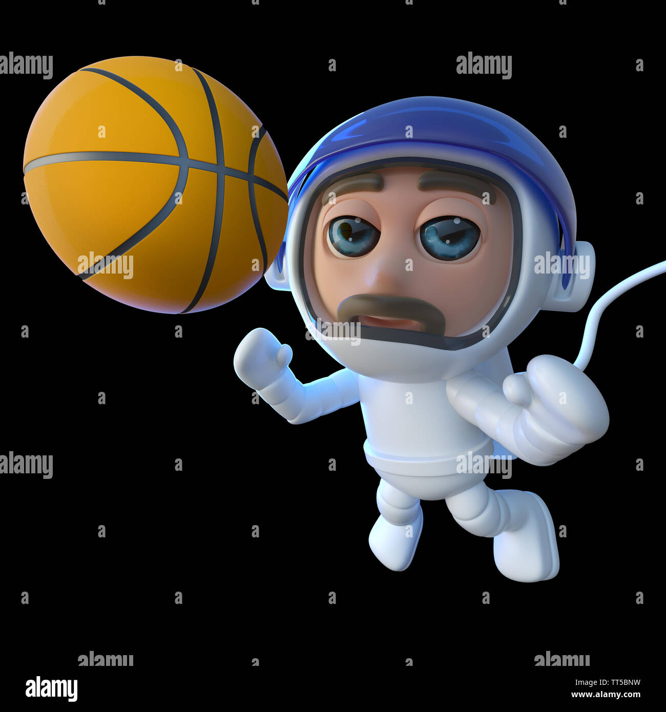 3D-Render eines lustigen Cartoon spaceman Astronaut Charakter jagen Basketball im Raum Stockfoto