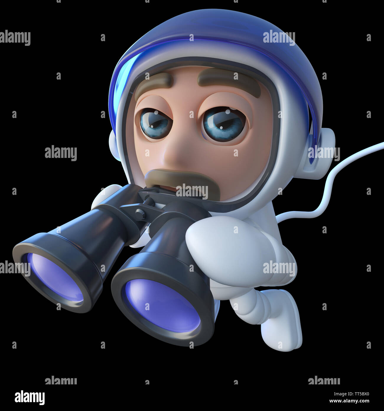 3D-Render eines lustigen Cartoon spaceman Astronaut Charakter mit einem Fernglas Stockfoto