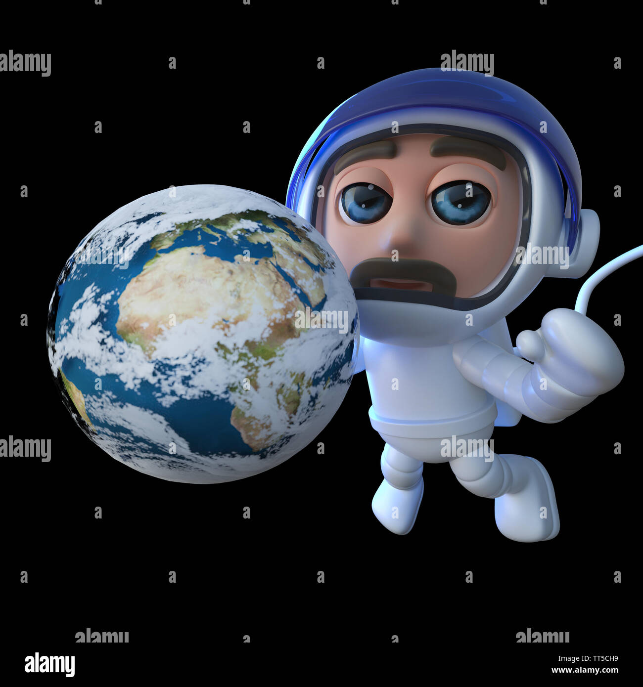 3D-Render eines lustigen Cartoon spaceman Astronaut Charakter mit Globus der Erde im Weltraum Stockfoto
