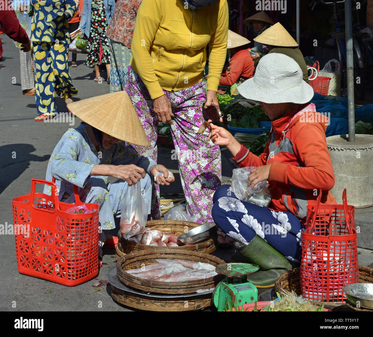 Hoi An, Vietnam - Juni 05, 2019; Frauen verkaufen frischen Fisch auf dem Markt. Stockfoto