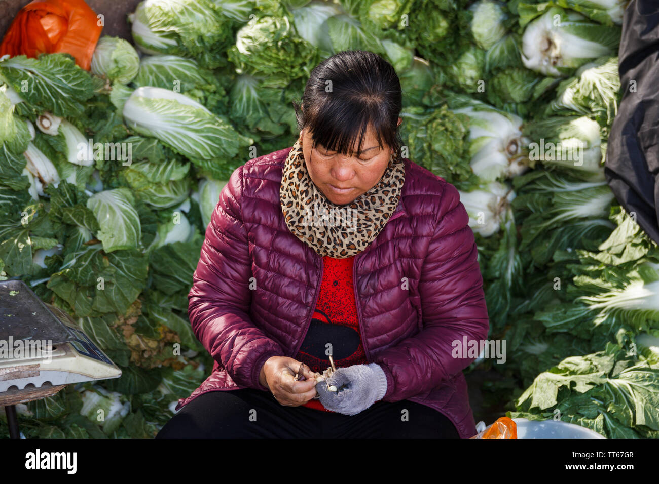 01 Feb 2017 - Dali, China Frau Verkäufer auf lokaler Landschaft Markt Stockfoto