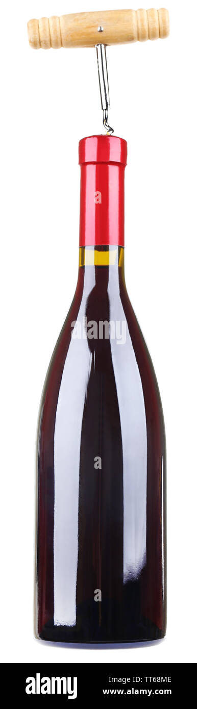 Flasche Wein mit Korkenzieher isoliert auf weißem Stockfoto