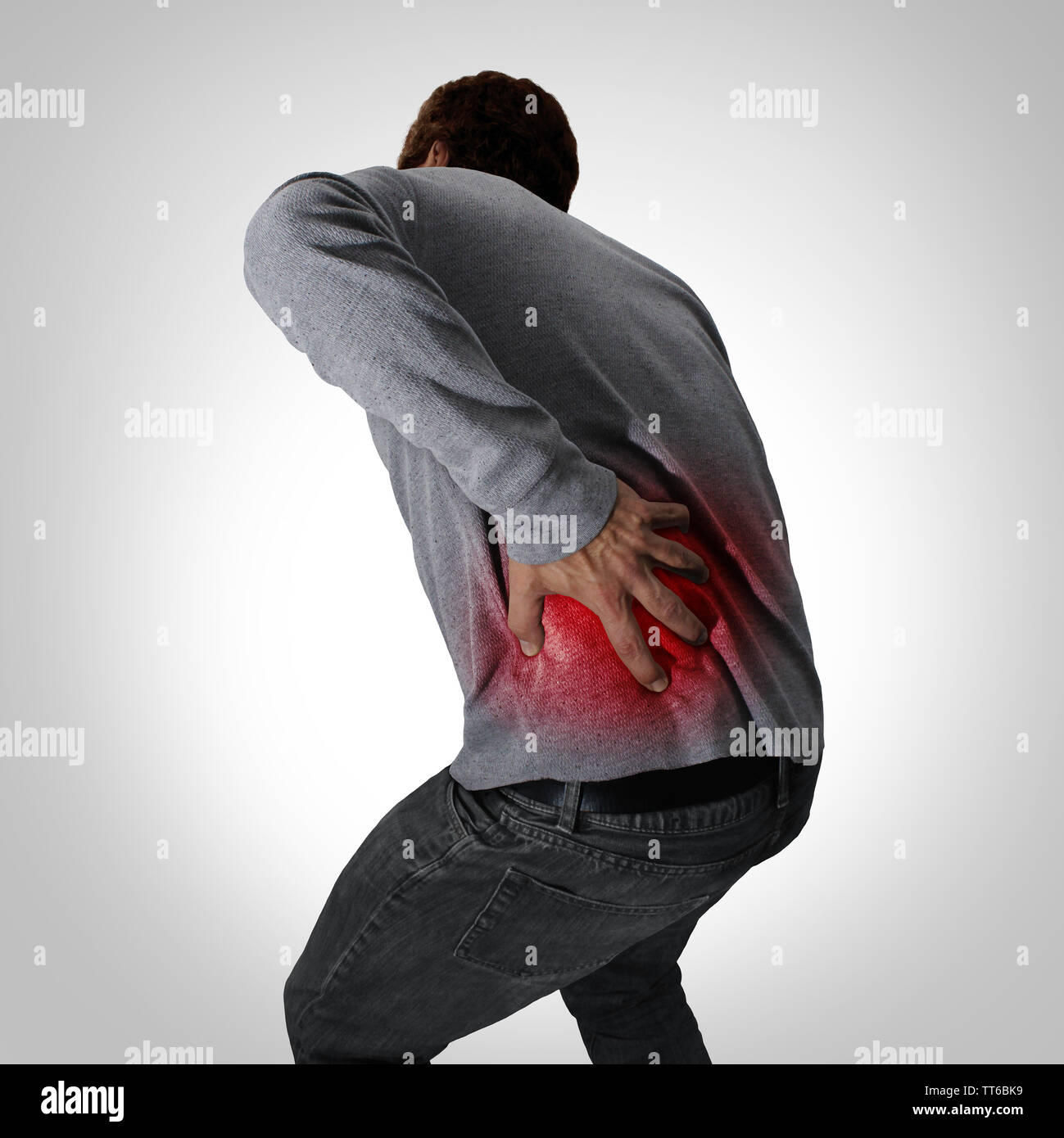 Schmerzhafte Symptome zurück und der unteren Wirbelsäule Schmerzen oder Rückenschmerzen und Schmerzen der Wirbelsäule medizinisches Konzept als eine Person, die im Besitz der schmerzhaften Bereich als medizinisches Konzept. Stockfoto