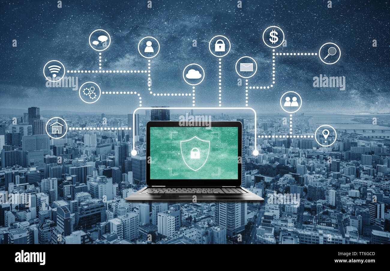 Internet und online Network Security System. Laptop mit Schloss Abschirmung schutz Symbol auf dem Bildschirm- und Anwendungssymbole Stockfoto