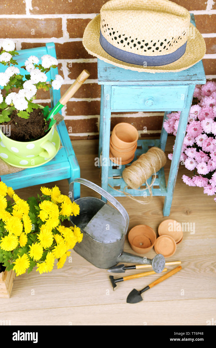 Blumen im Topf auf Stuhl, Blumenerde, Gießkanne und Pflanzen auf dem Boden auf ziegelsteinen Hintergrund. Blumen Pflanzen Konzept Stockfoto