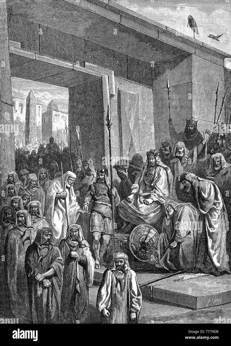 Ein Treffen zwischen Psammetich III, aka Psammetichus, dem letzten Pharao der 26. Dynastie Ägyptens von 526 v. Chr. bis 525 v. Chr. und King Cambyses II in Persien. Psammetich hatte Ägypten für nur sechs Monate ausgeschlossen, bevor er von einem Persischen Invasion seines Landes geführt von Cambyses II konfrontiert wurde und später in der Schlacht von Pelusium in 525 v. Chr. besiegt und floh nach Memphis, wo er gefangen genommen wurde. Der abgesetzte Pharao war, Susa, die in Ketten durchgeführt und später Selbstmord begangen. Stockfoto