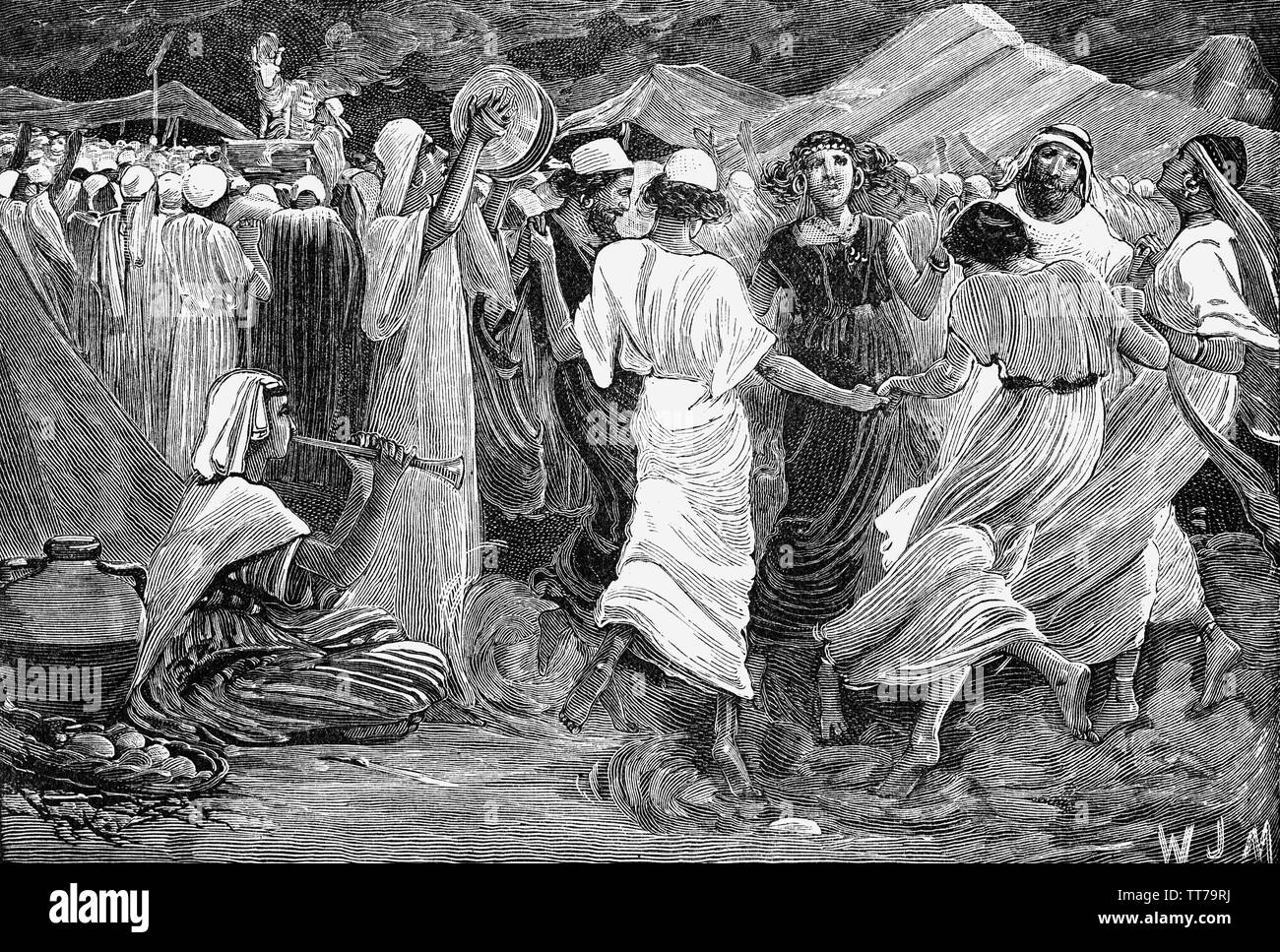 Als nun Mose auf biblischen Berg Sinai die Zehn Gebote um 1310 v. Chr., als er den Söhnen Israel vierzig Tage und vierzig Nächte während dieser Zeit Aaron, Propheten, Hohe Priester, Links, und der Bruder des Mose, ein 'mOlten Kalb gebaut", baute einen Altar, der vor dem Kalb und am nächsten Tag in der Früh anbetete und opferte Brandopfer auf das Kalb zu erhalten. Wenn einem wütenden Mose stieg vom Berge hed das goldene Kalb in einem Feuer verbrannt ist, wird es zu Pulver gemahlen, verstreute sie auf dem Wasser, und die Söhne Israel gezwungen, es zu trinken. Stockfoto