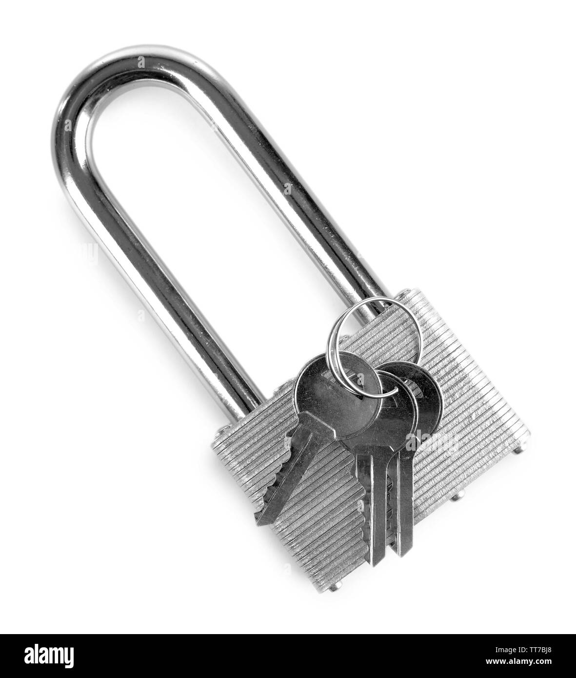Schloss mit Schlüssel isoliert auf weißem Stockfoto