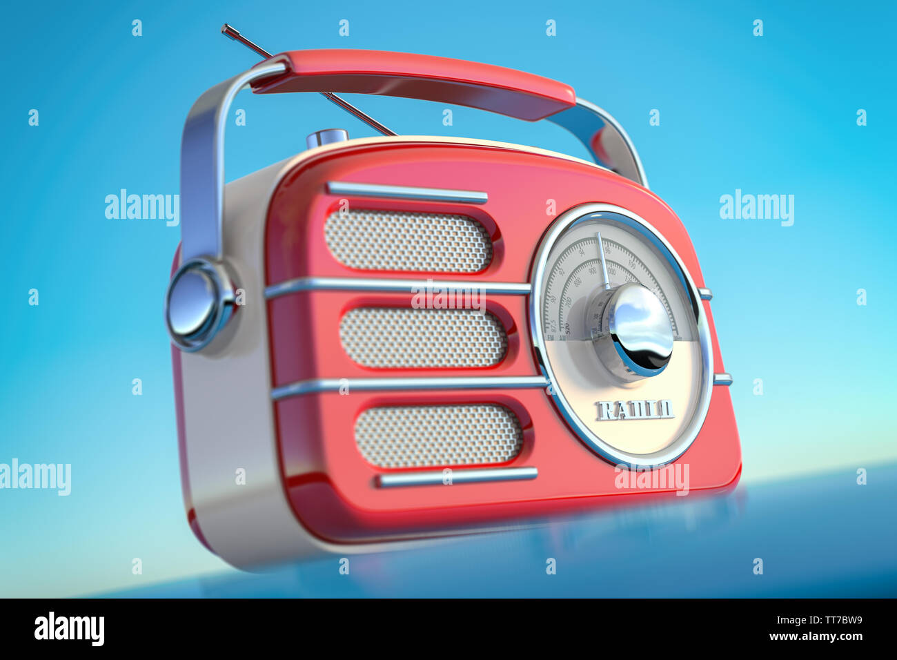 Red vintage retro style Radio Receiver auf den Himmel Hintergrund. 3D-Darstellung Stockfoto