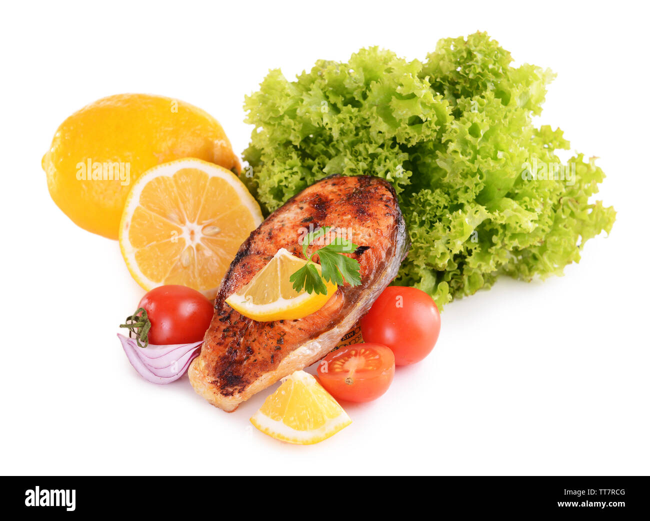 Lecker gebackenen Fisch isoliert auf weißem Stockfoto