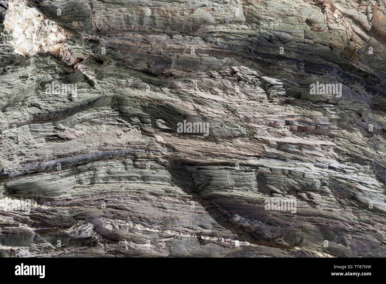 Naturstein Textur. Texturierte Oberfläche an natürlichen Felsen, wo Sie sehen können Schichten von Felsen und weißen Kristalle im Laufe der Zeit gebildet. Stockfoto