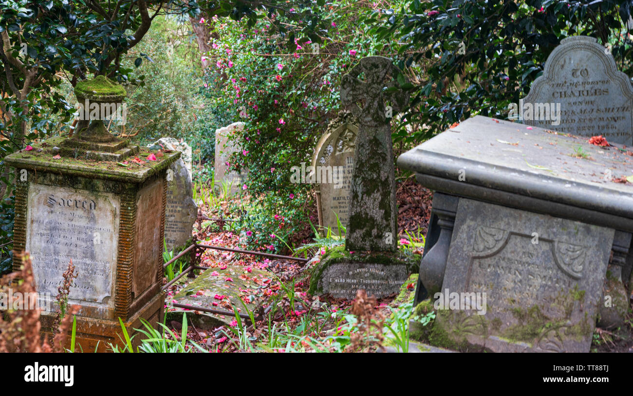 Alte Gräber in St. nur im Roseland, Cornwall, Großbritannien Stockfoto