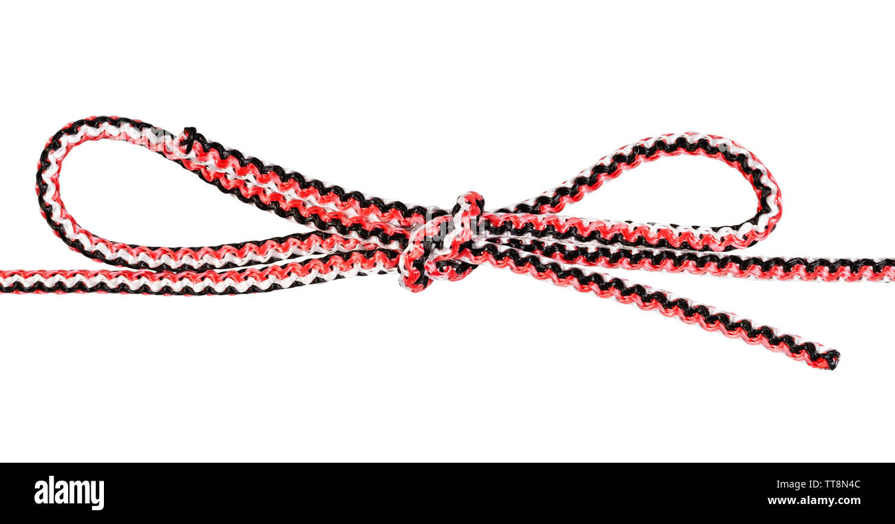 Doppel bowknot Knoten auf Synthetische Seile gebunden schneiden Sie auf weißem Hintergrund Stockfoto
