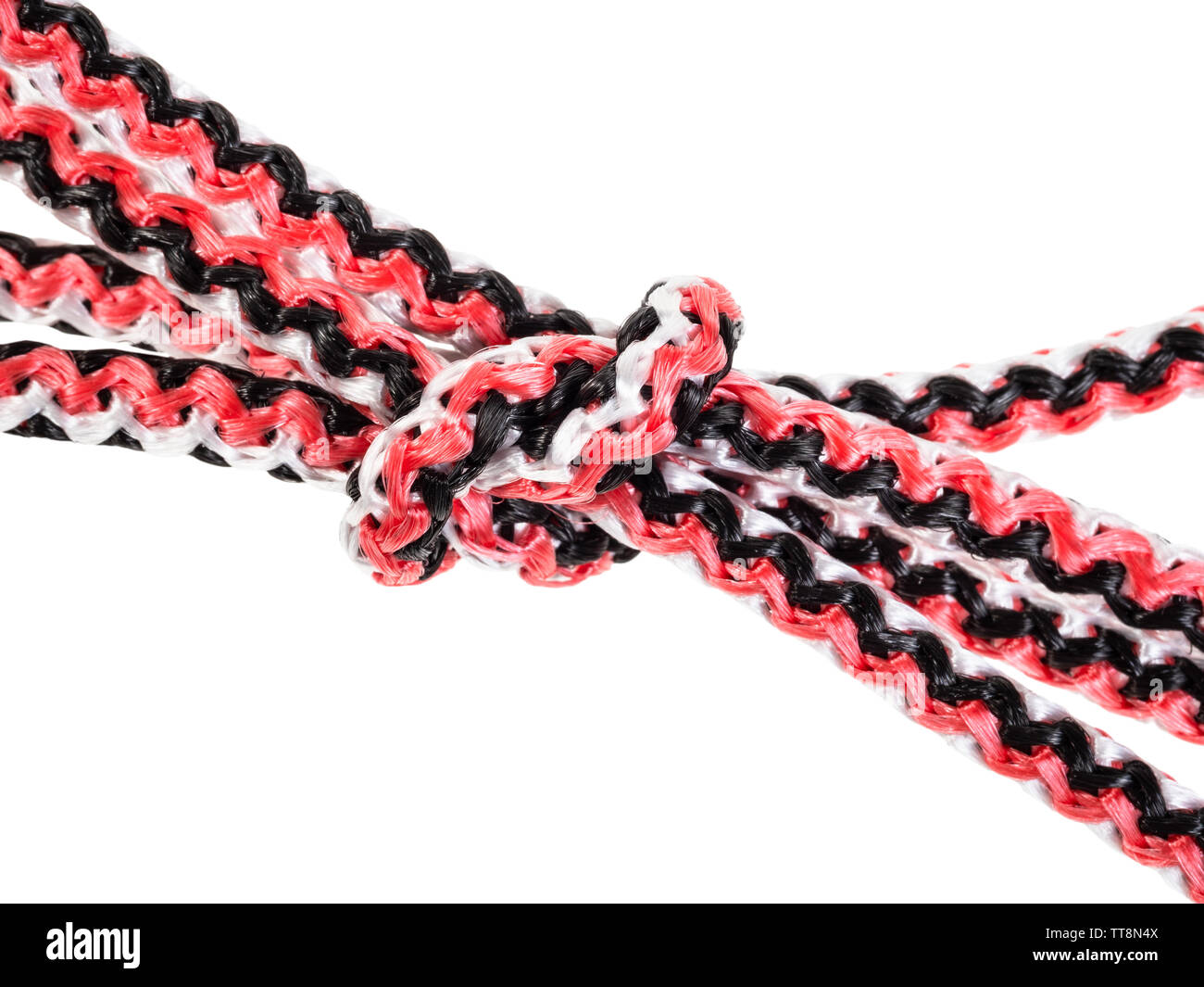 Doppel bowknot Knoten schließen bis auf Synthetische Seile gebunden schneiden Sie auf weißem Hintergrund Stockfoto