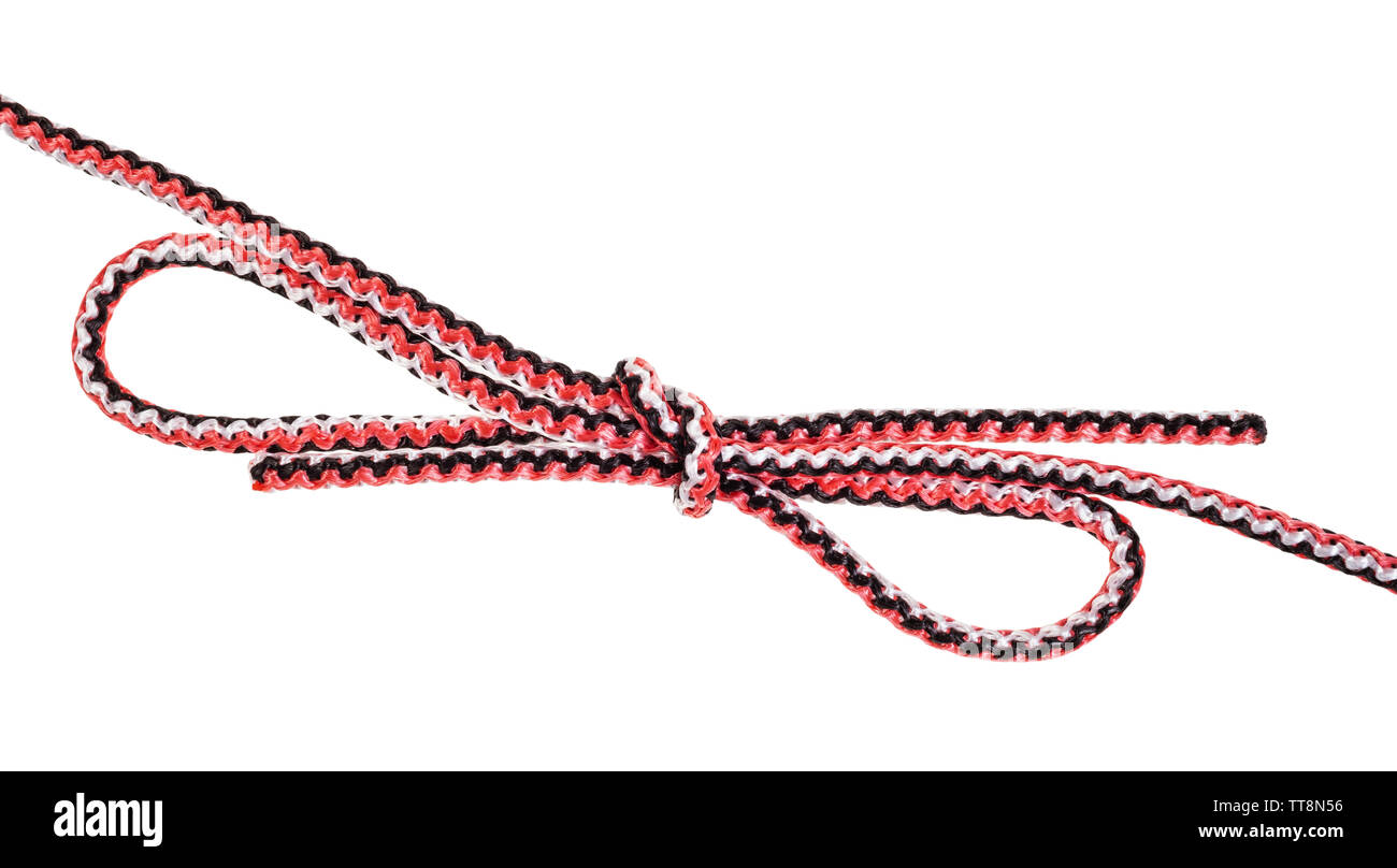 Eine andere Seite der doppelten bowknot Knoten auf Synthetische Seile gebunden schneiden Sie auf weißem Hintergrund Stockfoto