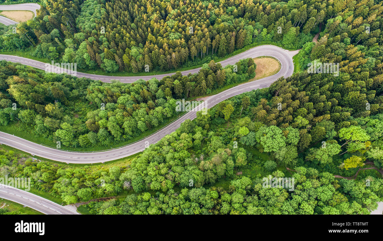 Hohe Betrachtungswinkel von Mountain Pass Road inmitten von Bäumen Stockfoto