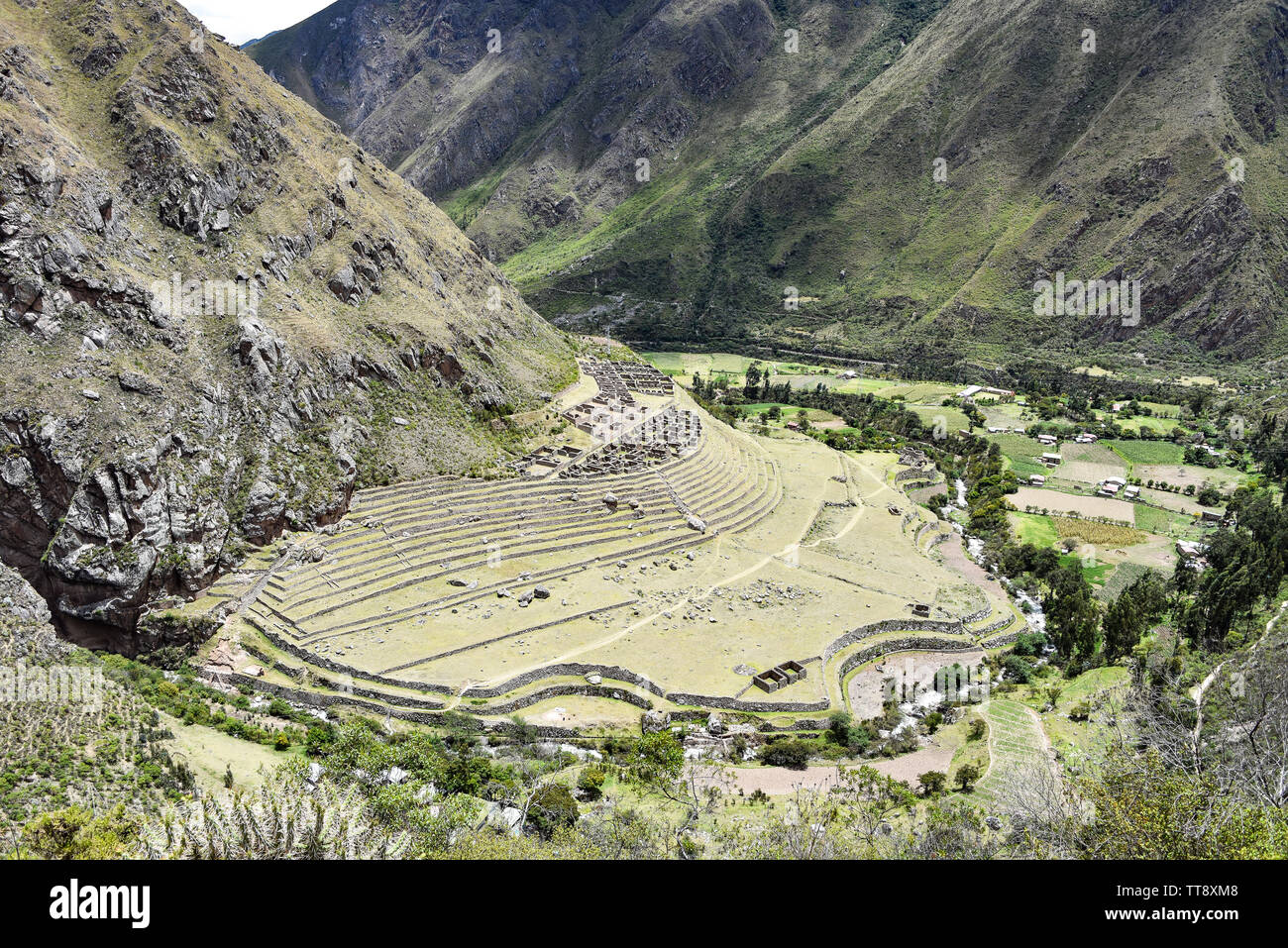 Die Inka Ruinen von Llactapata Patallacta und am 1. Tag der Inka Trail nach Machu Picchu Stockfoto