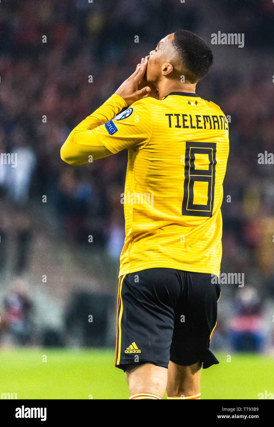 Brüssel, Belgien - 21. März 2019. Belgien Fußball Nationalmannschaft Mittelfeldspieler Youri Thielemans feiern ein Tor bei UEFA Euro 2020 qualificati Stockfoto