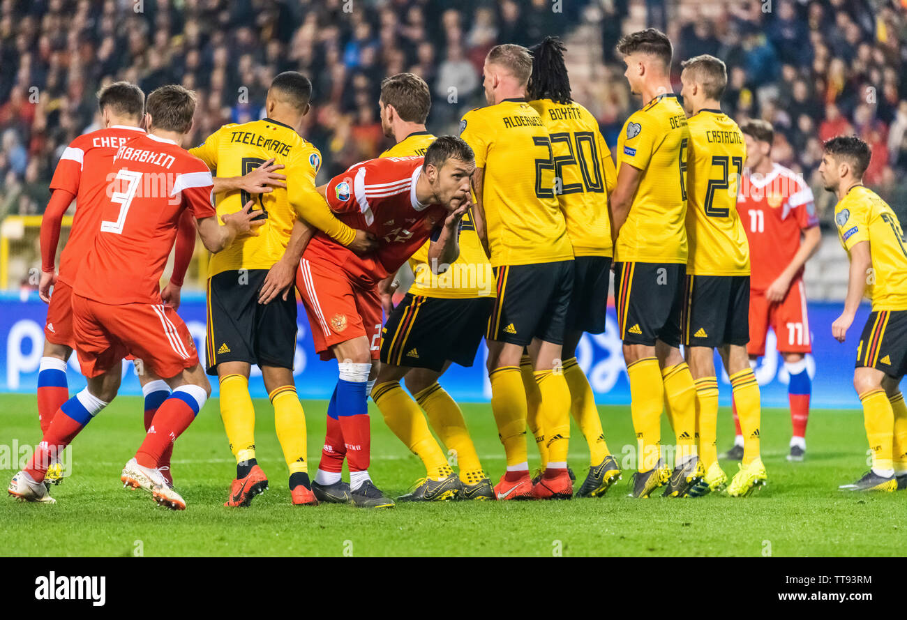 Brüssel, Belgien - 21. März 2019. Belgien Nationalspieler Thielemans, Vertonghen, Alderweireld, Boyata, Dendoncker, Castagne bilden eine Mauer. Stockfoto