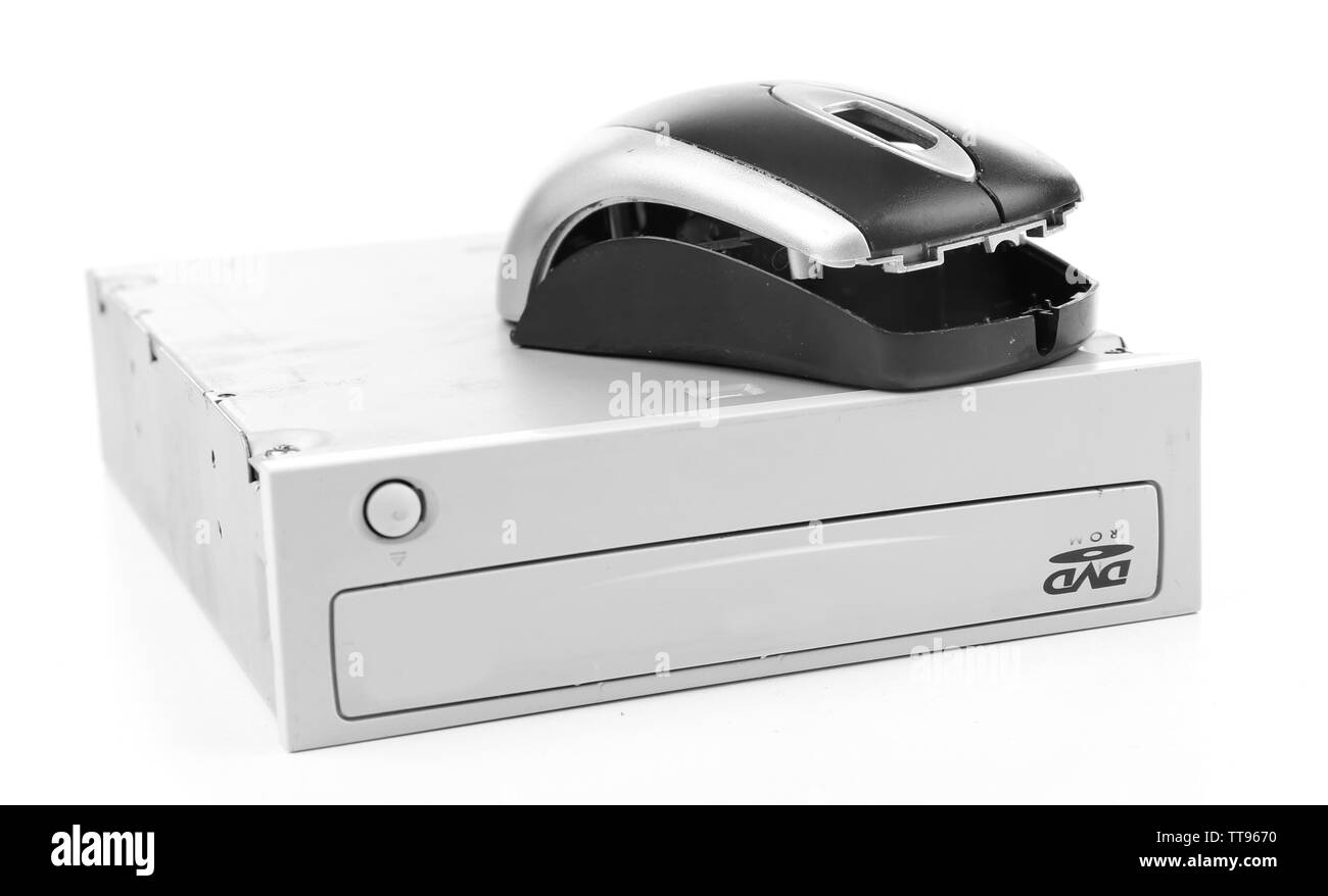 Alte Video Recorder und defekten Computer Maus isoliert auf weißem Stockfoto