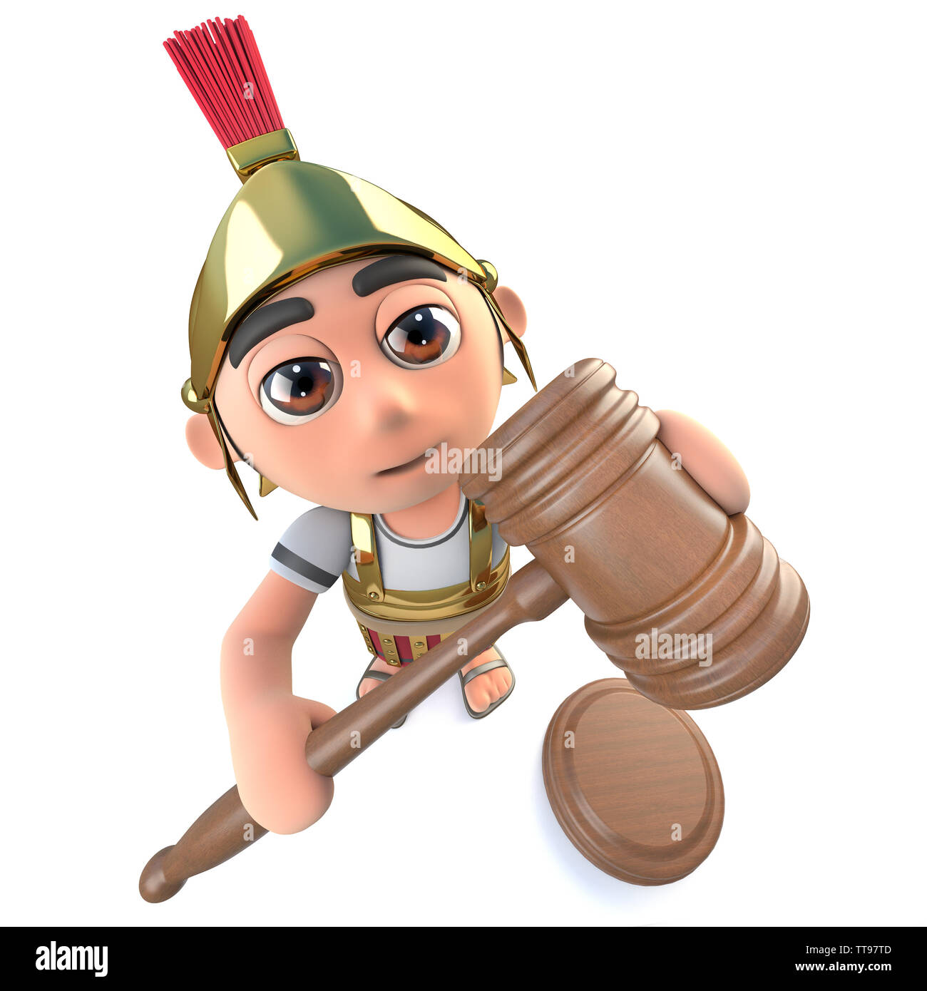3D-Render eines lustigen Cartoon römischen Soldaten Charakter Holding eine Auktion mit einem Hammer Stockfoto